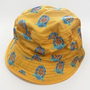 Oberon-branded yellow bucket hat with a blue and orange sun logo pattern Reverse